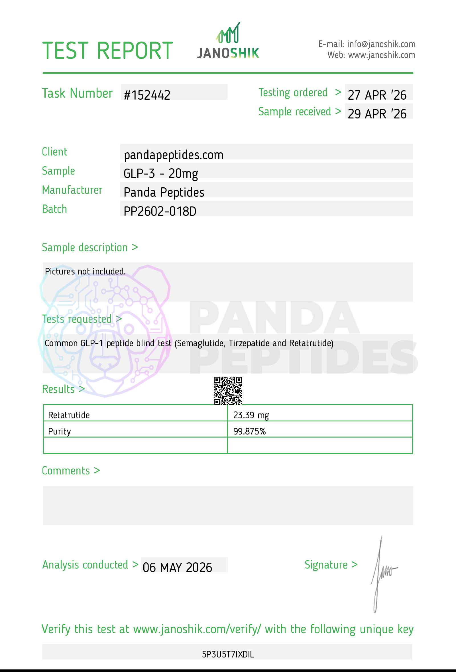 GLP-3 20mg purity COA Janoshik task 152442