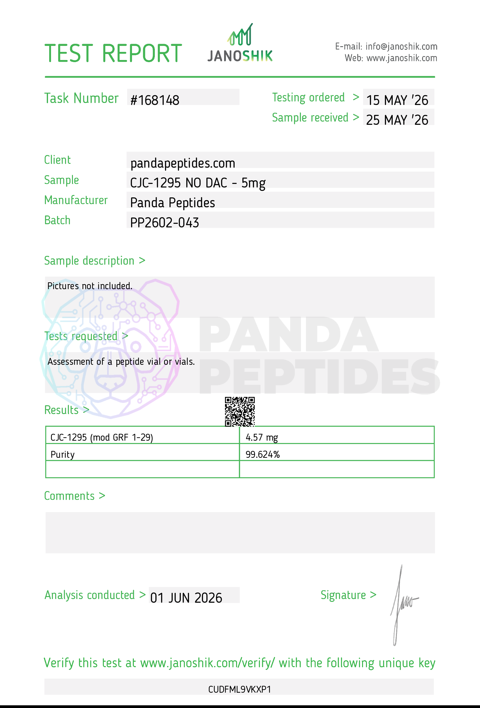Janoshik Analytical COA for CJC-1295 NO DAC 5mg batch PP2602-043 showing 99.624% HPLC purity and 4.57mg content