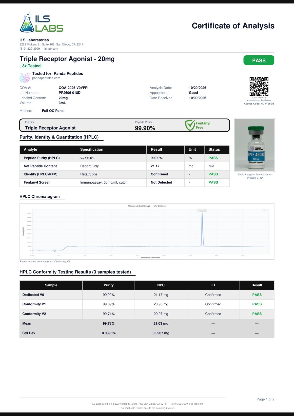 ILS Triple Receptor Agonist - 20mg report COA-2026-V0VFPI batch PP2606-018D