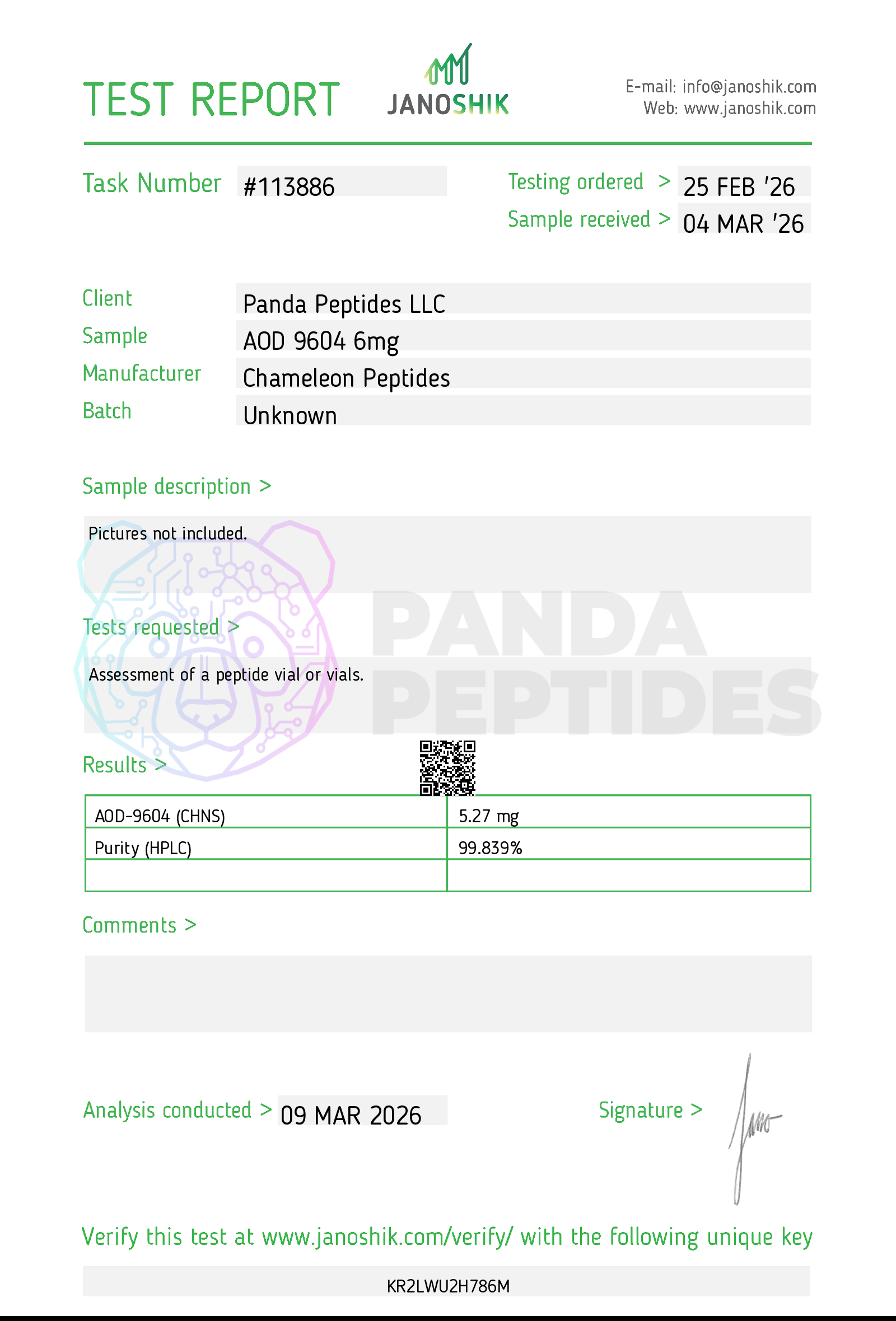 Certificate of Analysis (COA) for AOD-9604 - third-party lab testing by Janoshik Analytical