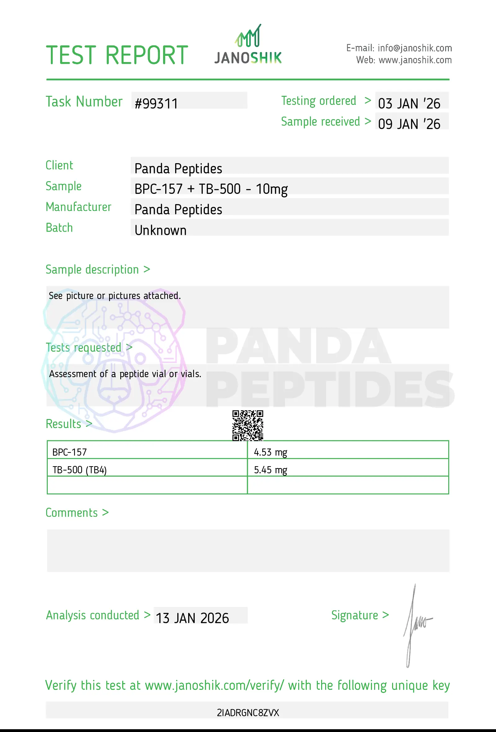 Certificate of Analysis (COA) for BPC-157 + TB-500 - third-party lab testing by Janoshik Analytical