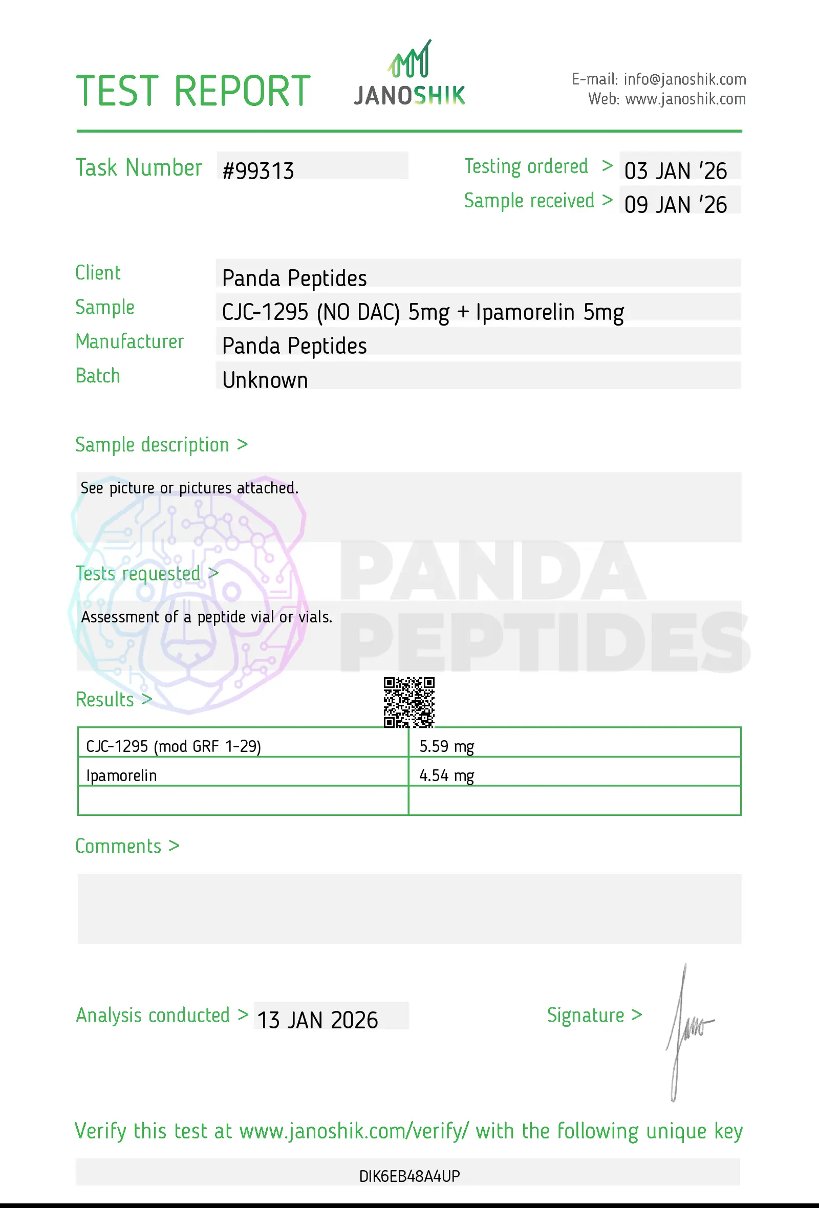 Certificate of Analysis (COA) for CJC-1295 (NO DAC) + Ipamorelin - third-party lab testing by Janoshik Analytical