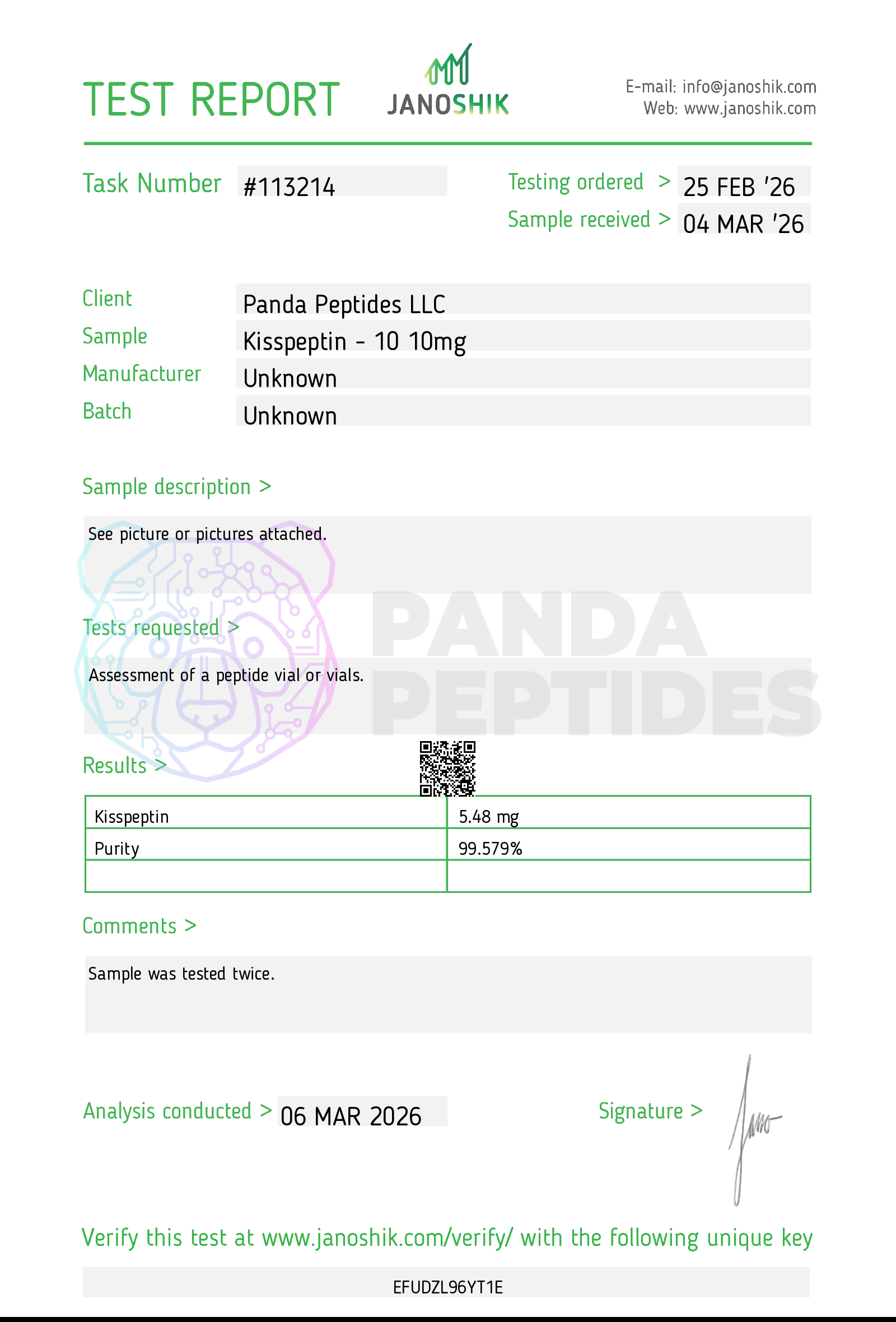 Certificate of Analysis (COA) for Kisspeptin-10 - third-party lab testing by Janoshik Analytical