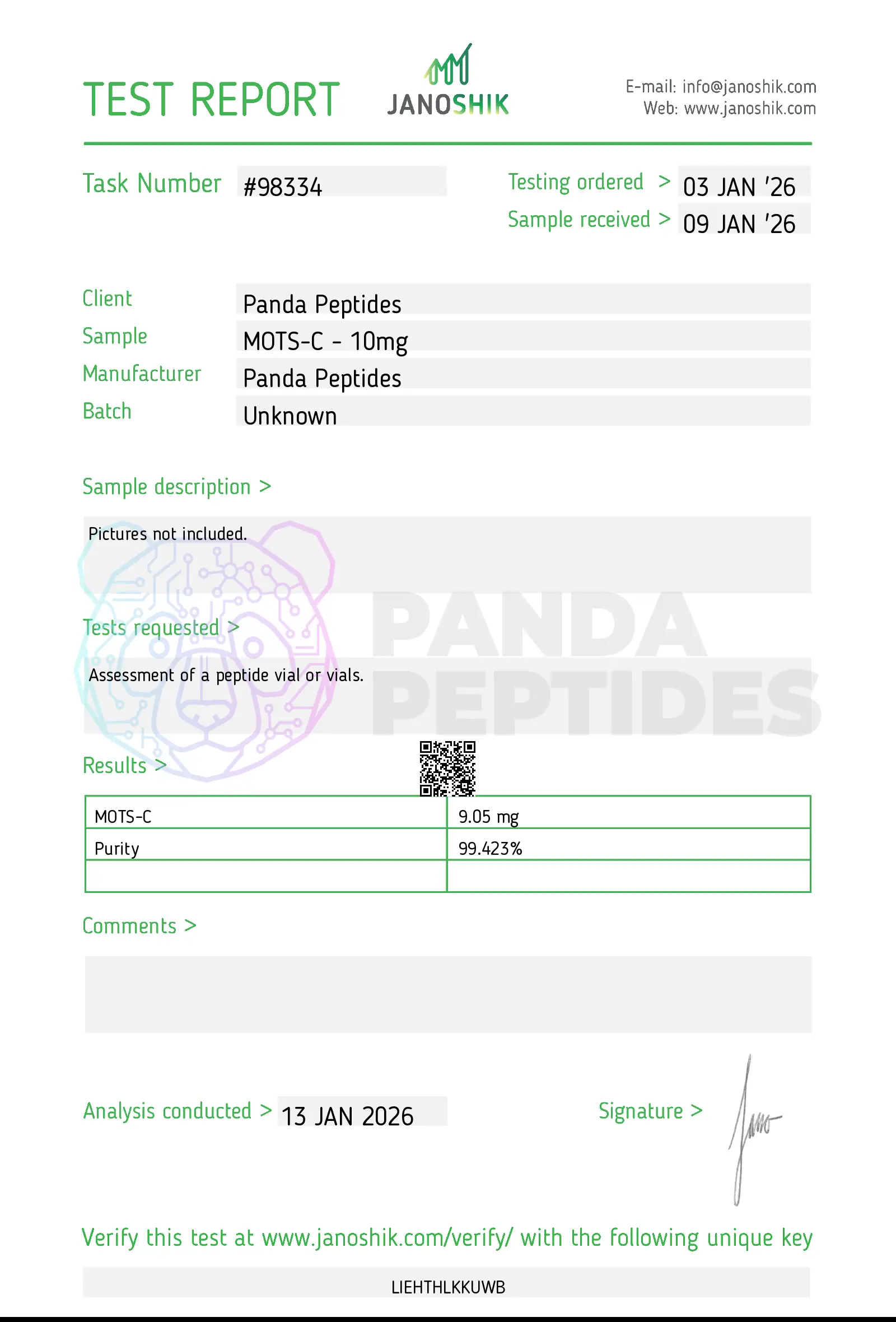Certificate of Analysis (COA) for MOTS-c - third-party lab testing by Janoshik Analytical