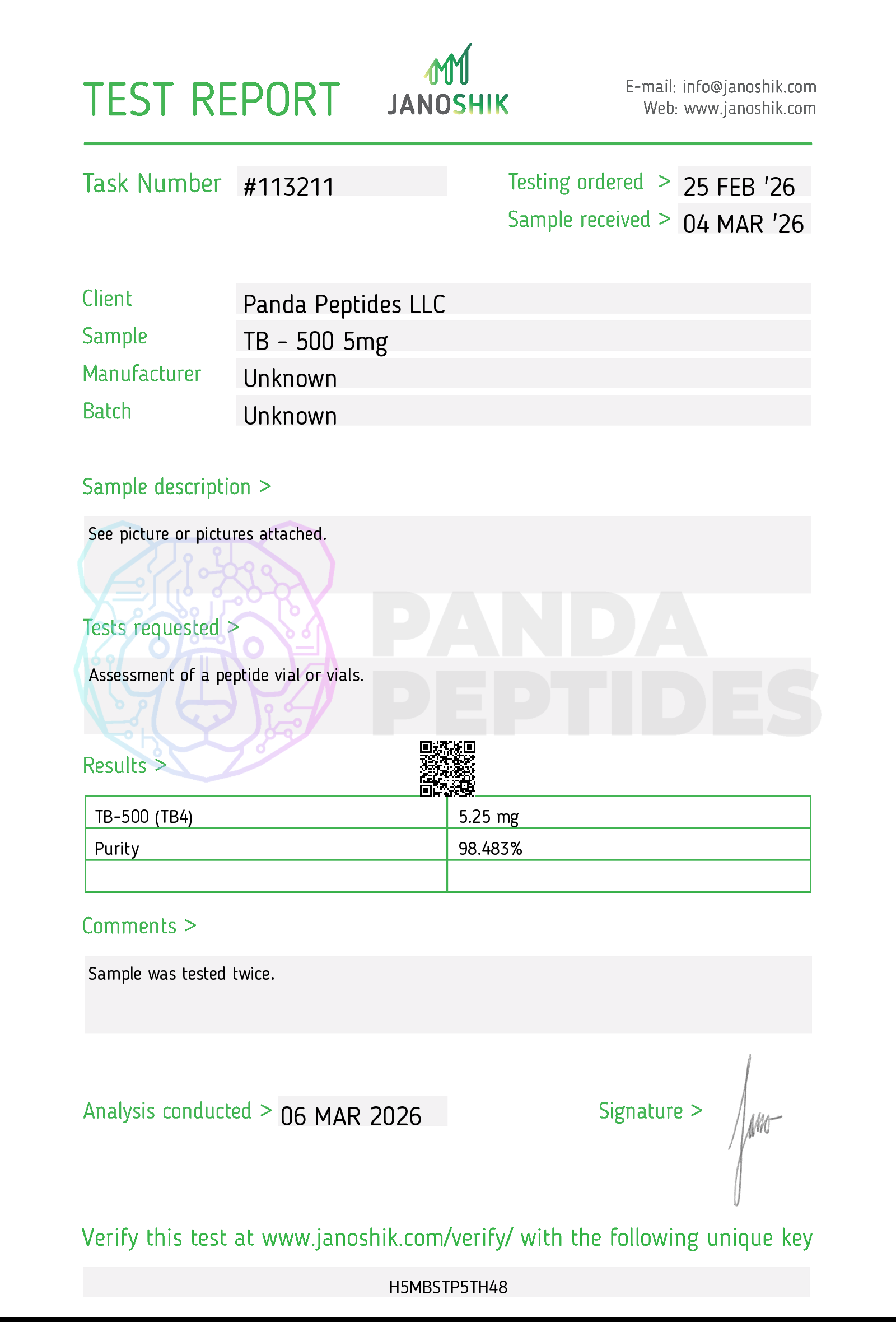 Certificate of Analysis (COA) for TB-500 - third-party lab testing by Janoshik Analytical