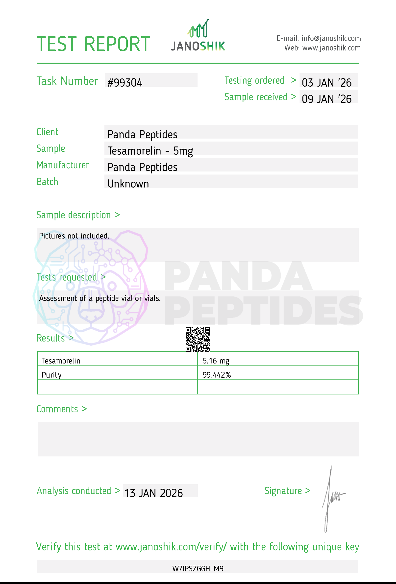 Certificate of Analysis (COA) for Tesamorelin - third-party lab testing by Janoshik Analytical