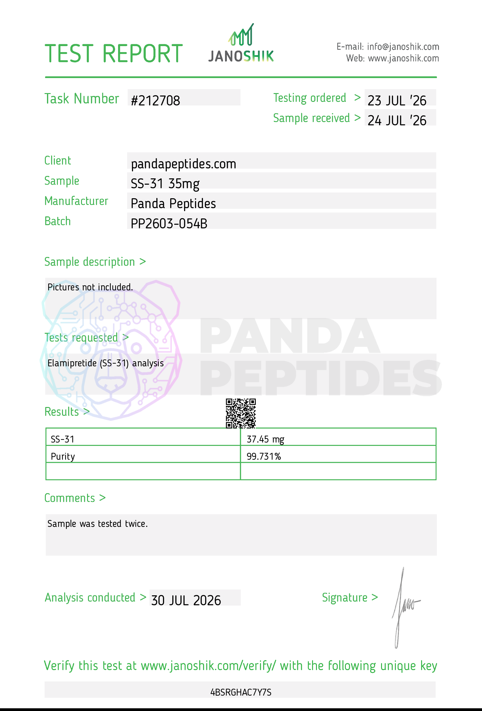 Peptide-31 (SS-31) Janoshik report 212708