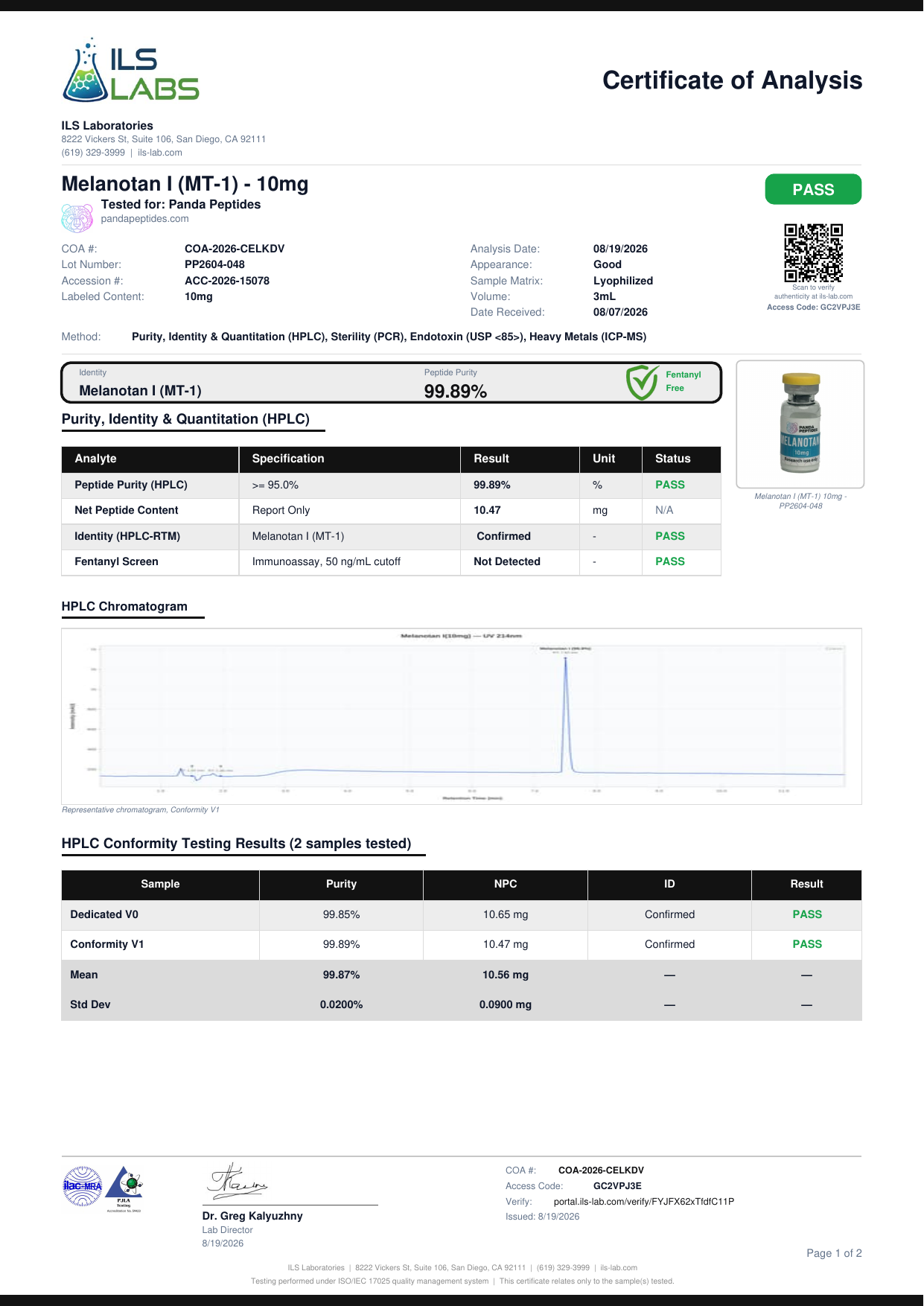Melanotan I (MT-1) 10mg COA
