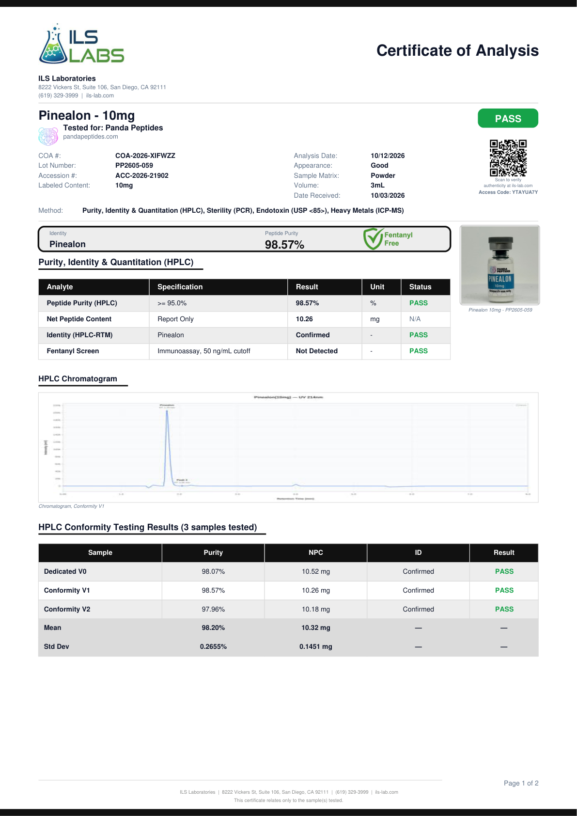 ILS Pinealon 10mg report COA-2026-XIFWZZ batch PP2605-059
