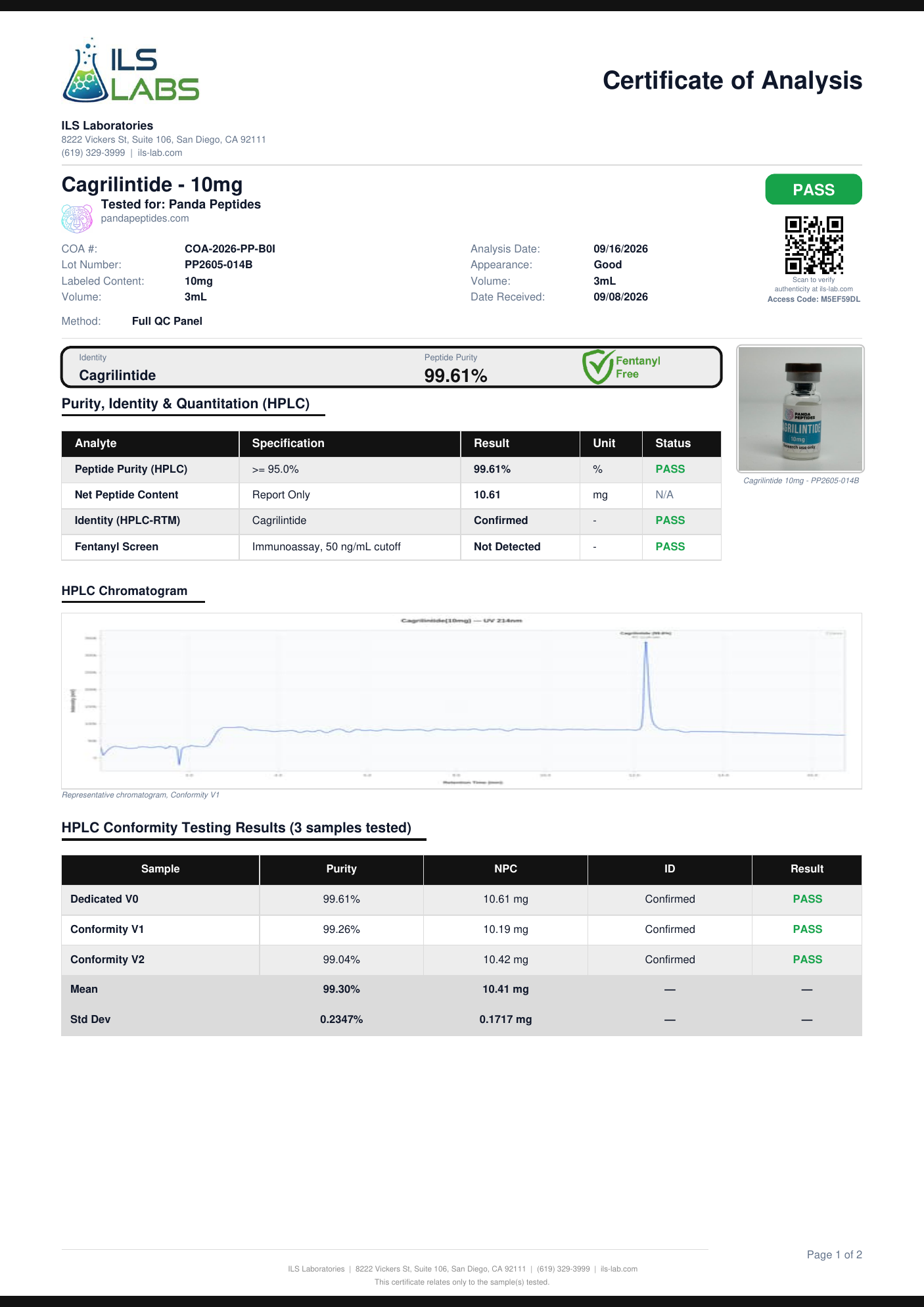 ILS certificate first page for Cagrilintide 10mg lot PP2605-014B