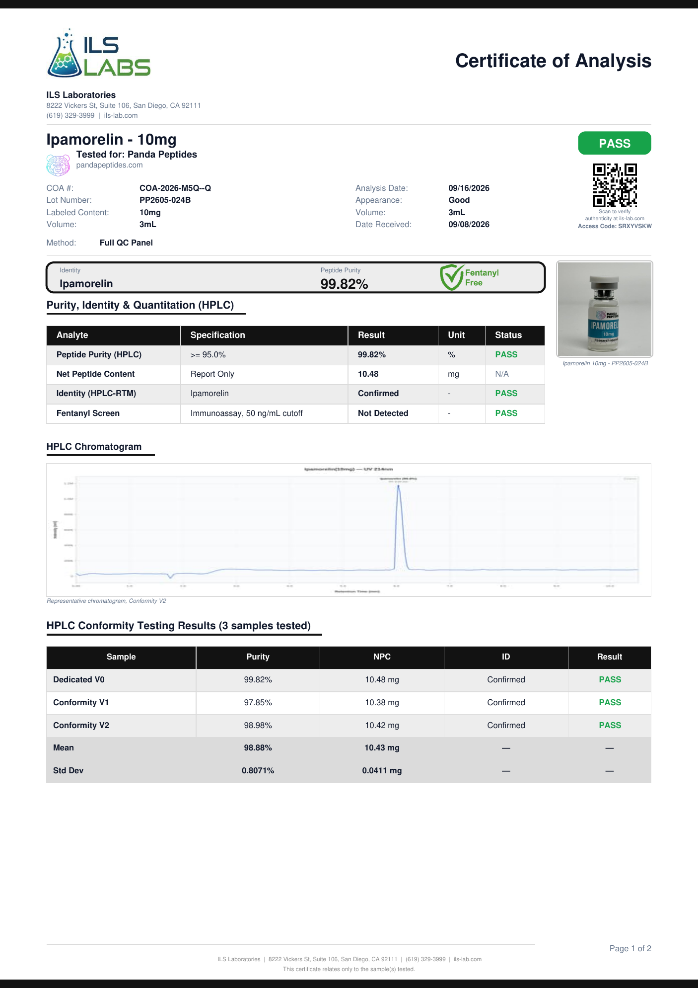 ILS certificate first page for Ipamorelin 10mg lot PP2605-024B