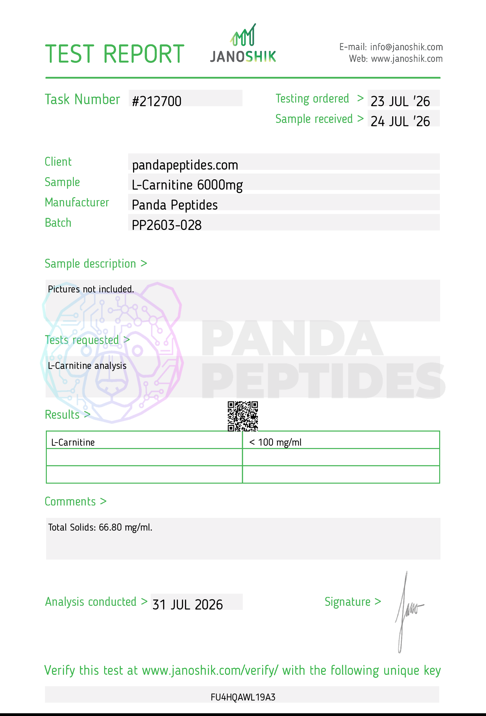 L-Carnitine Janoshik test report 212700, batch PP2603-028
