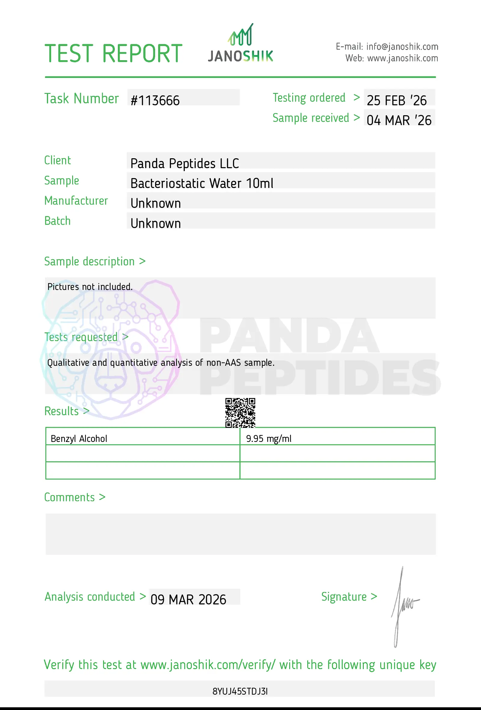 Bacteriostatic Water COA